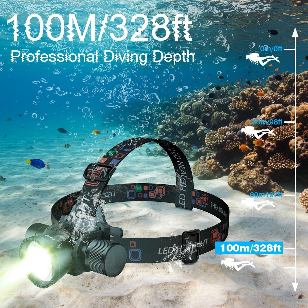 3000 Lumens Super Bright Diving Headlamp Waterproof Dive Flashlight Rech...