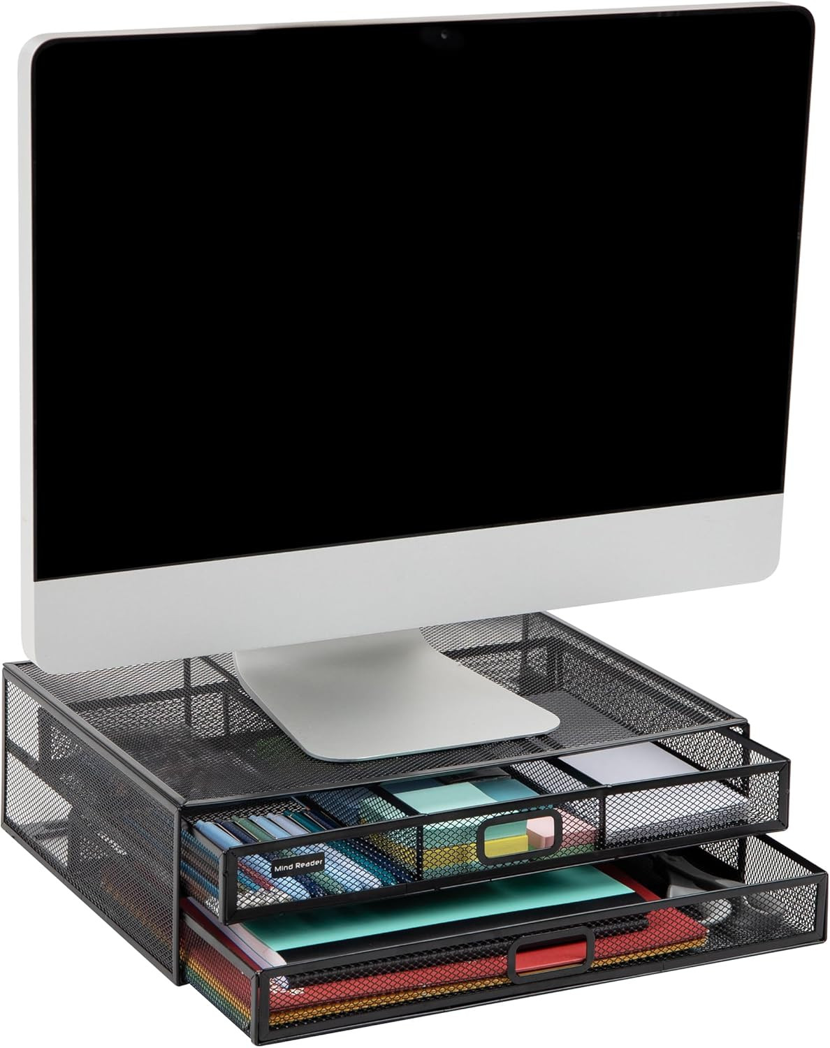 Monitor Stand, Ventilated Laptop Riser, Storage Drawer, Office, Metal Mesh, Blac