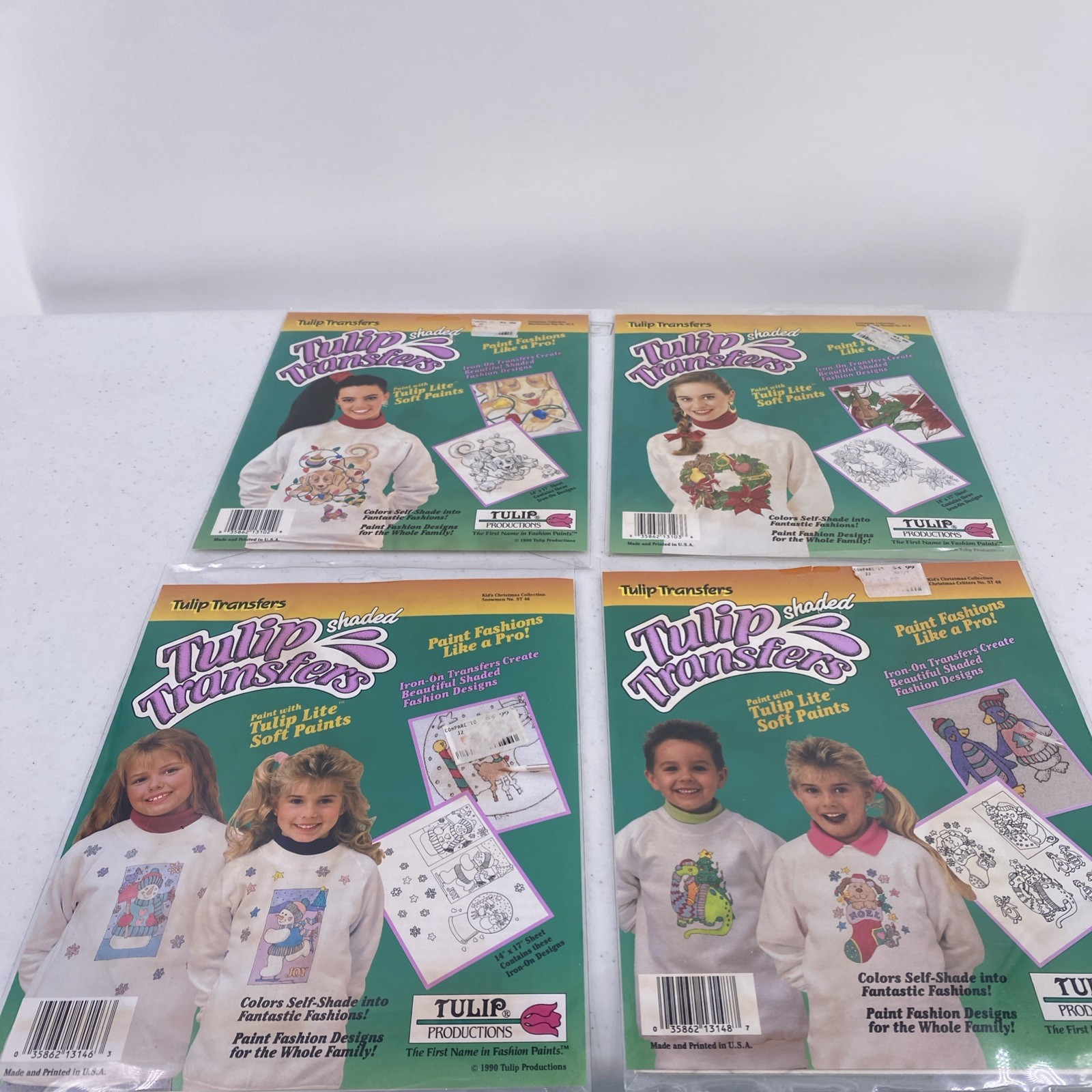 Tulip Shaded Transfers Iron On 4 Packs Christmas Winter Snowmen Dogs Vtg 1990