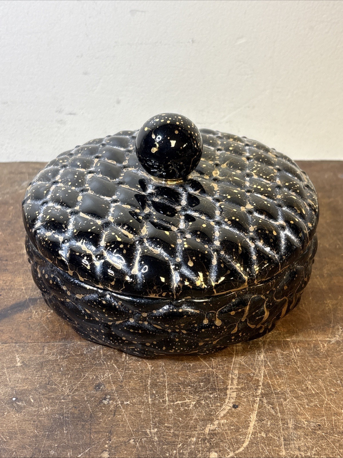 Vtg Black Gold Ceramic Trinket Dish Lidded Quilted Speckled MCM 6”x3”