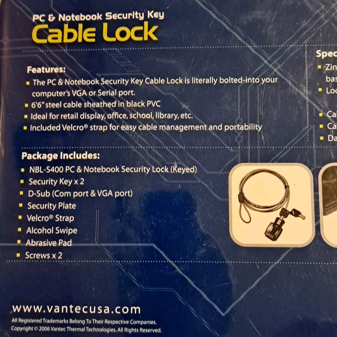 PC & Notebook Laptop Computer Security Key Keyed Cable Lock NBL-S400 Vantec