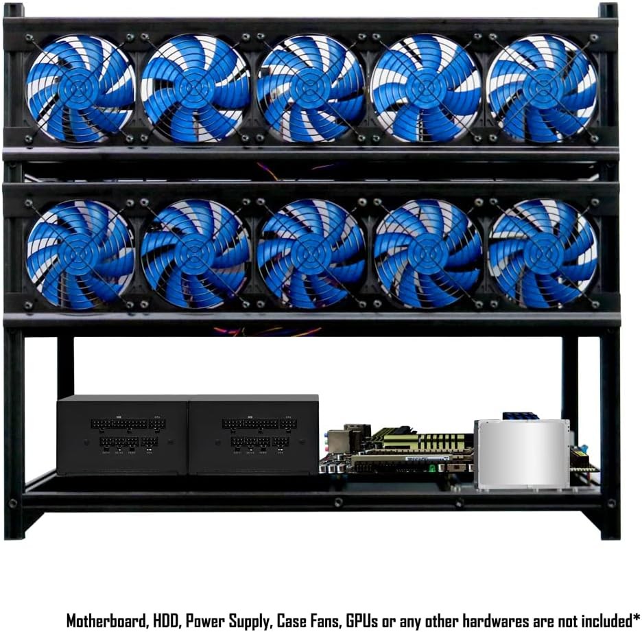 12 GPU Open Air Mining Rig Frame Case Toolless Stackable Airflow Space Saving