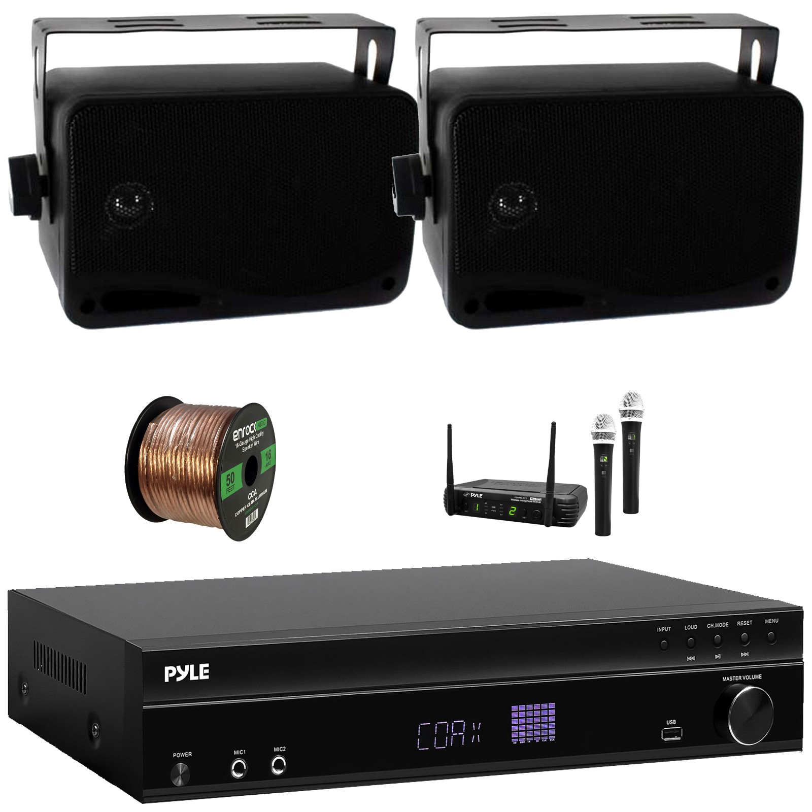 Pyle ARC Home Theater Amp Receiver, 2x 3.5'' 200W 3-Way Black Speakers + Mic
