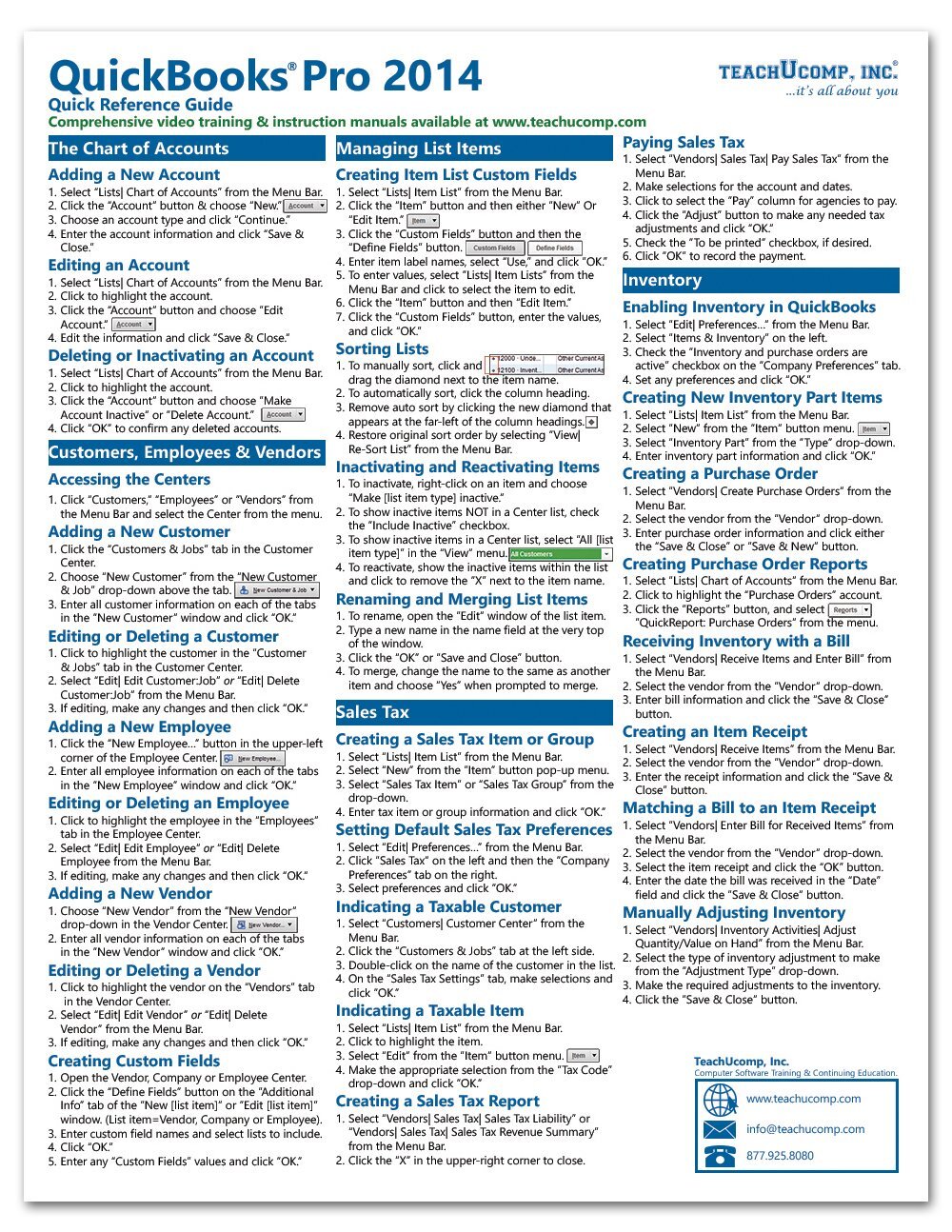 QuickBooks Pro 2014 Training Guide Quick Reference Card 4 Page Cheat Sheet