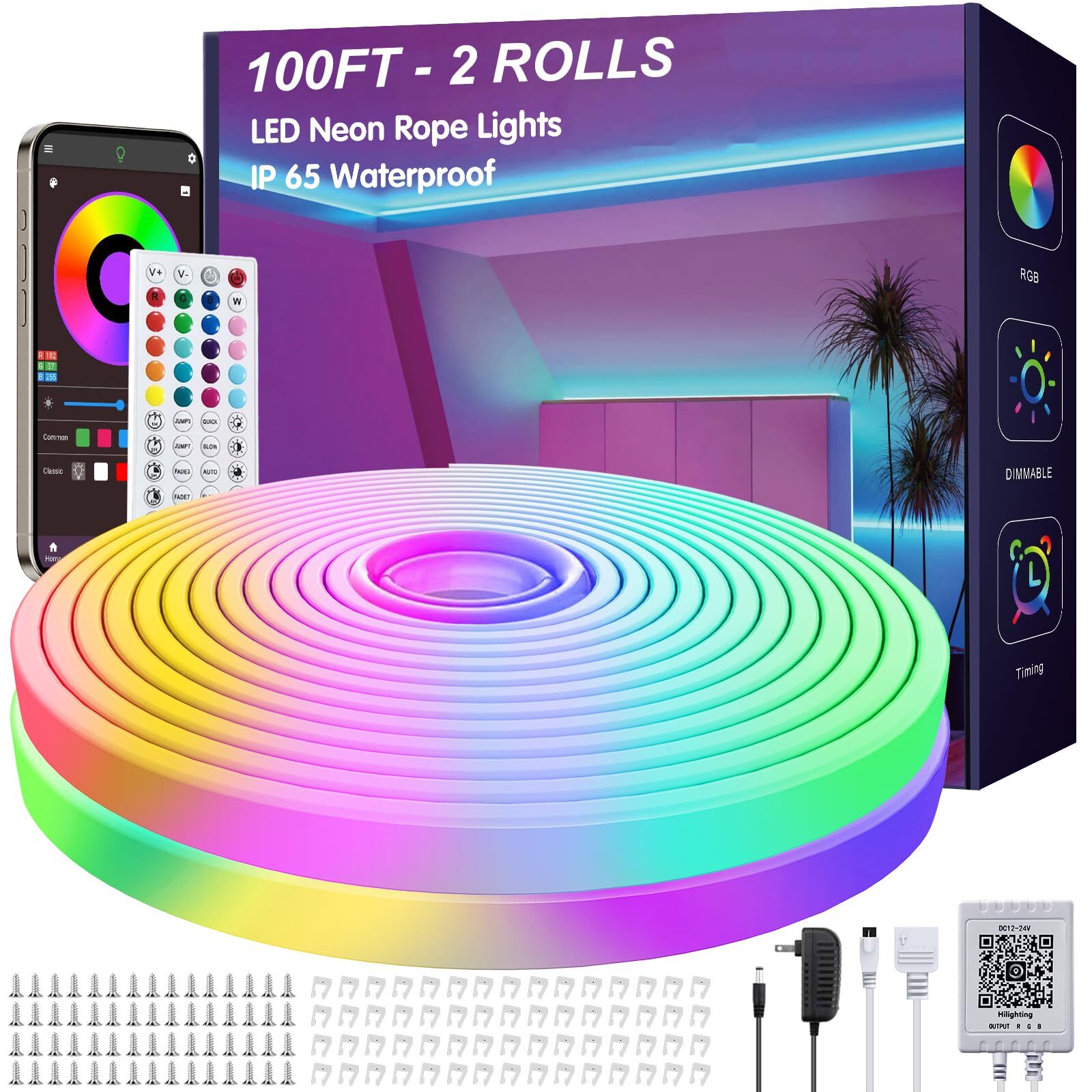 100Ft LED Neon Rope Lights with App and Remote Control, IP65 Waterproof Neon Str