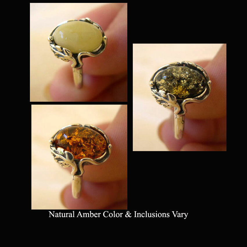 BALTIC GREEN BUTTERSCOTCH or HONEY AMBER & STERLING SILVER HANDMADE LEAF RING