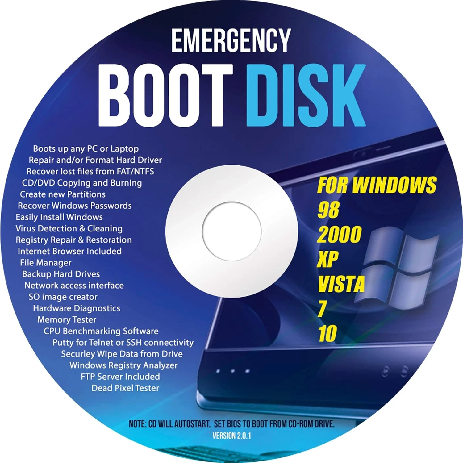 Emergency Boot Disk for Windows 98 2000 XP Vista 7 10 PC Repair and Recovery ...