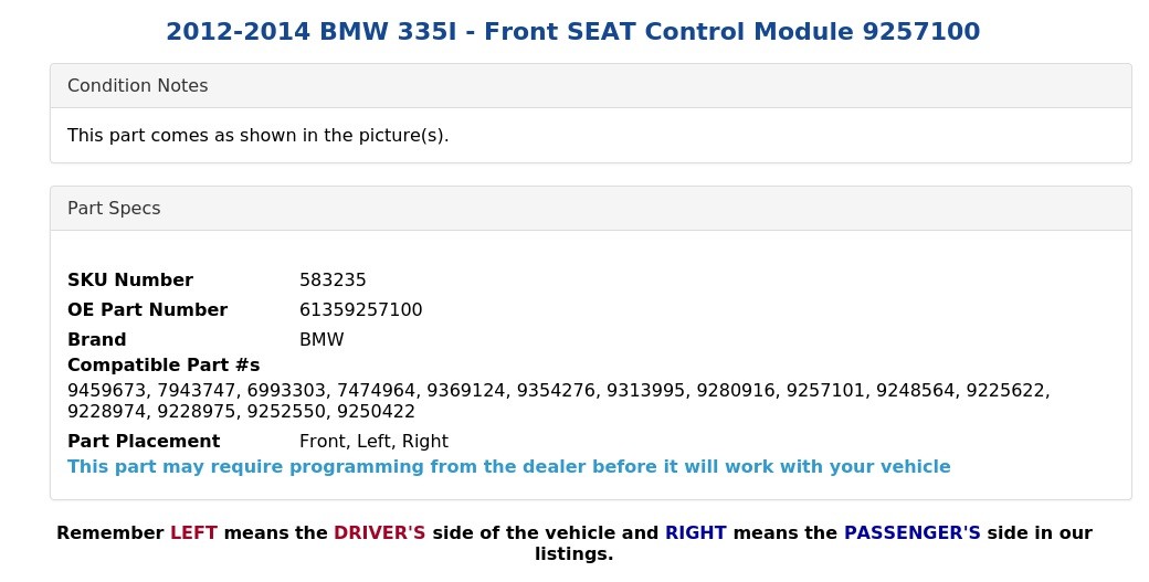 2012-2014 BMW 335I - Front SEAT Control Module 9257100