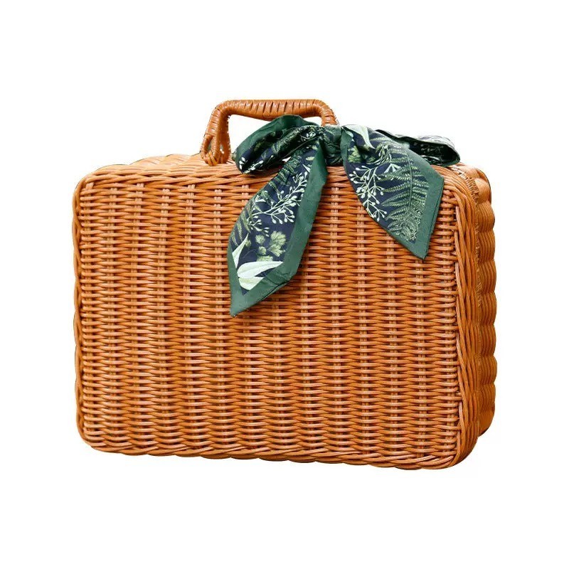 Handwoven Wicker Suitcase Basket with Floral Scarf Bow – Vintage Picnic & Storag