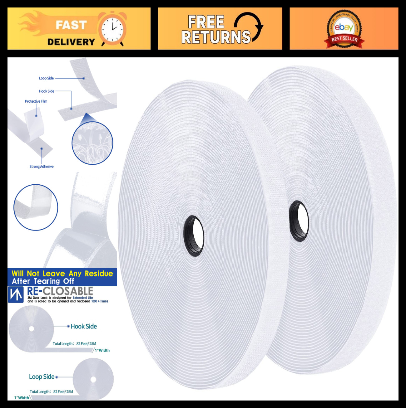 1 Inch x 82 Feet Heavy Duty Self-Adhesive Hook and Loop Tape - White Crafting &