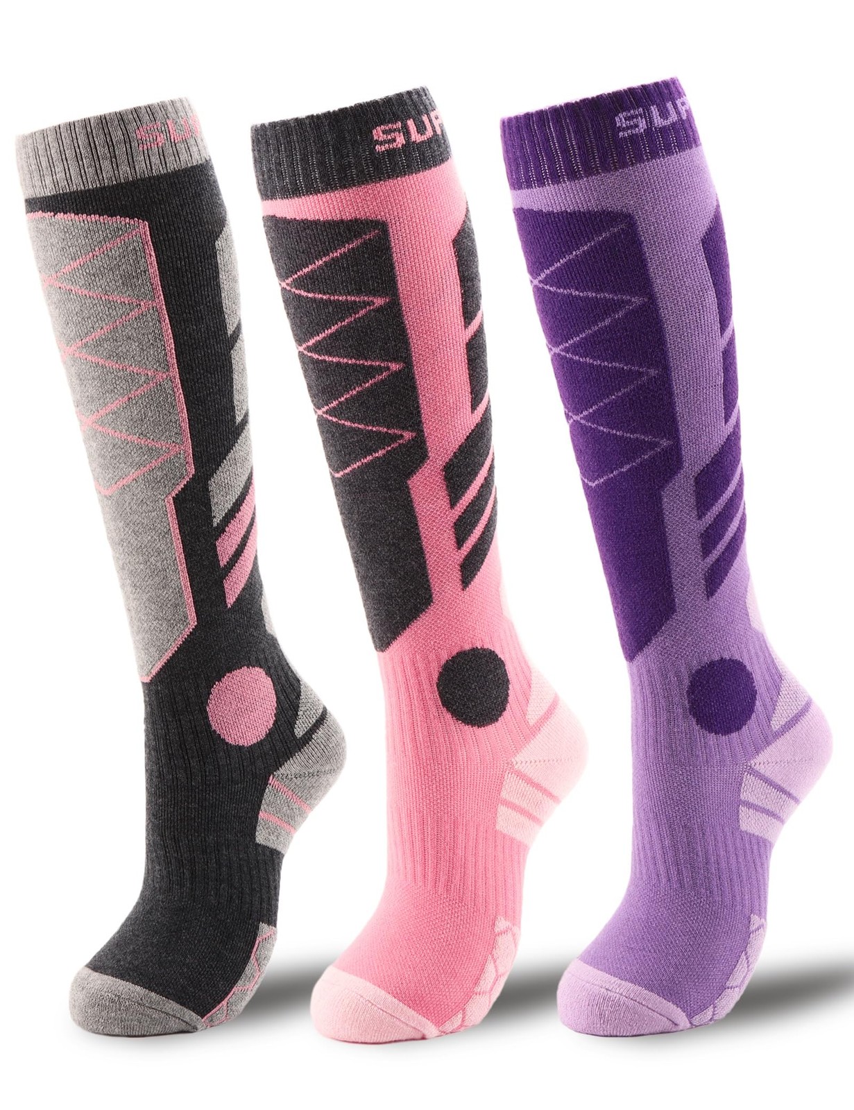 Supertrip 3 Pairs Merino Wool Ski Socks for Womens 5-7, Pink, Purple, Gray
