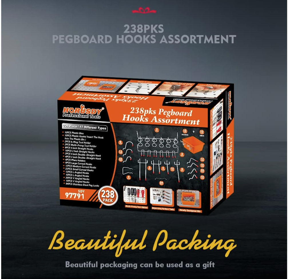 238-Piece Pegboard Hooks Assortment, Pegboard Accessories with Pegboard Bins