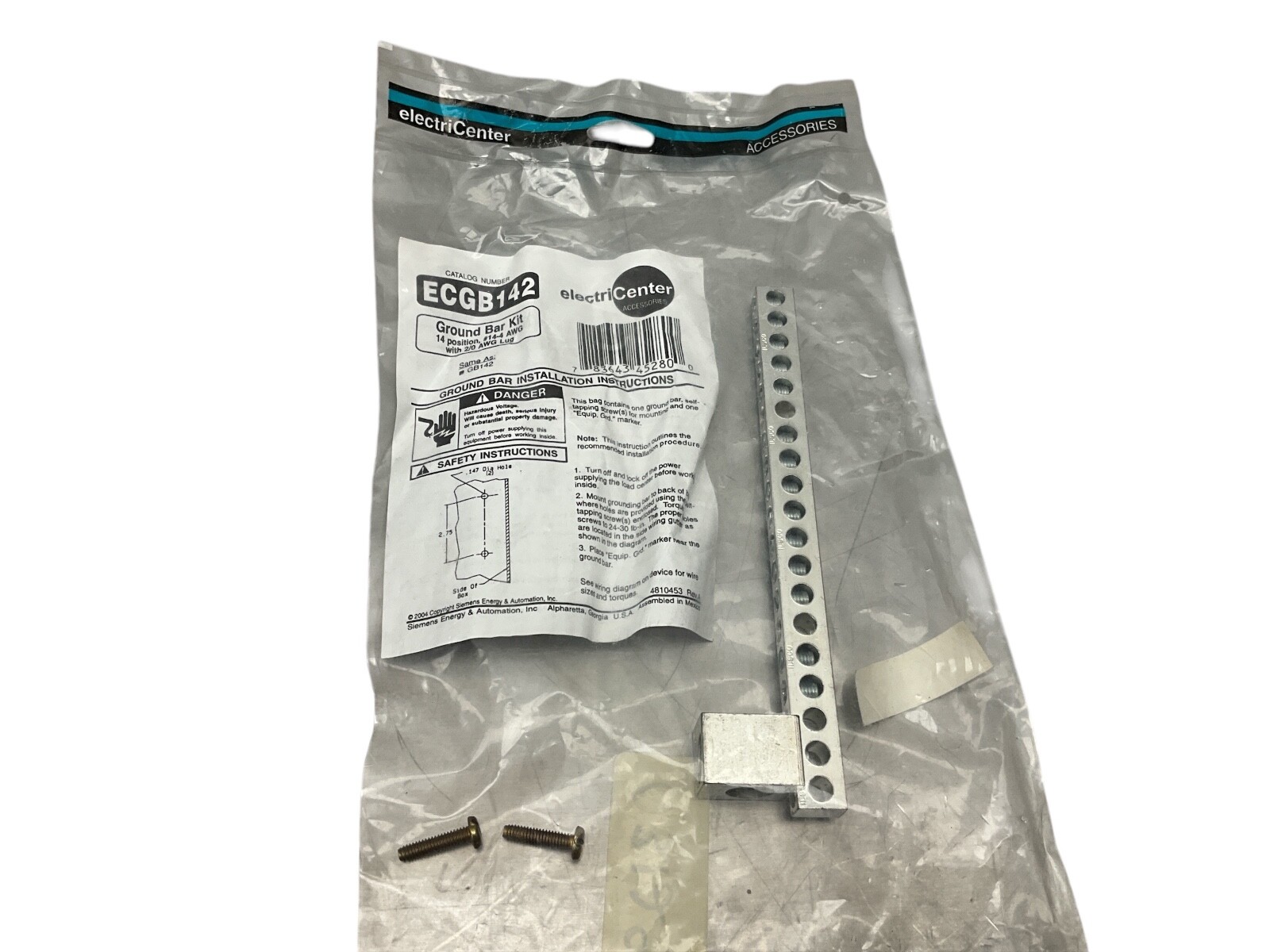 electriCenter ECGB142 Ground Bar Kit 14 Position, #14-4 AWG With 2/0 AWG Lug