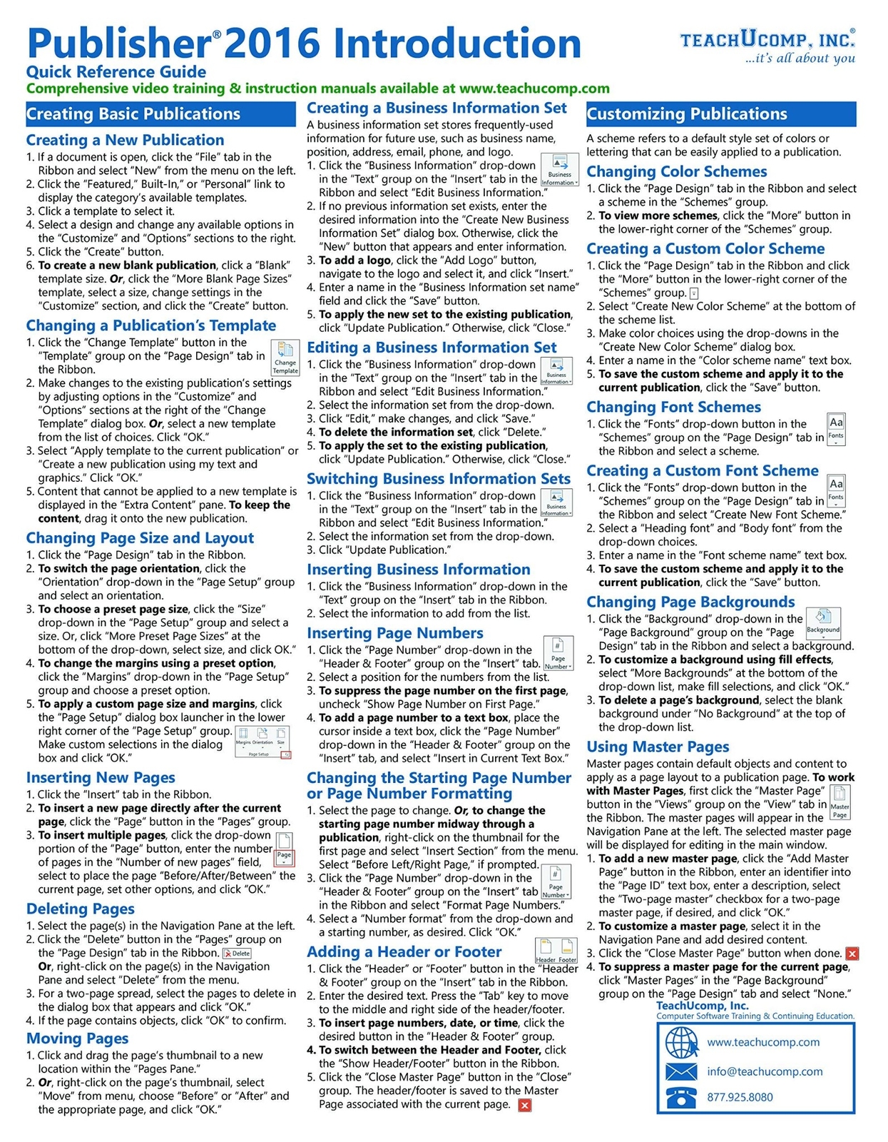 Microsoft Publisher 2016 Training Guide Quick Reference Card 2 Page Cheat Sheet