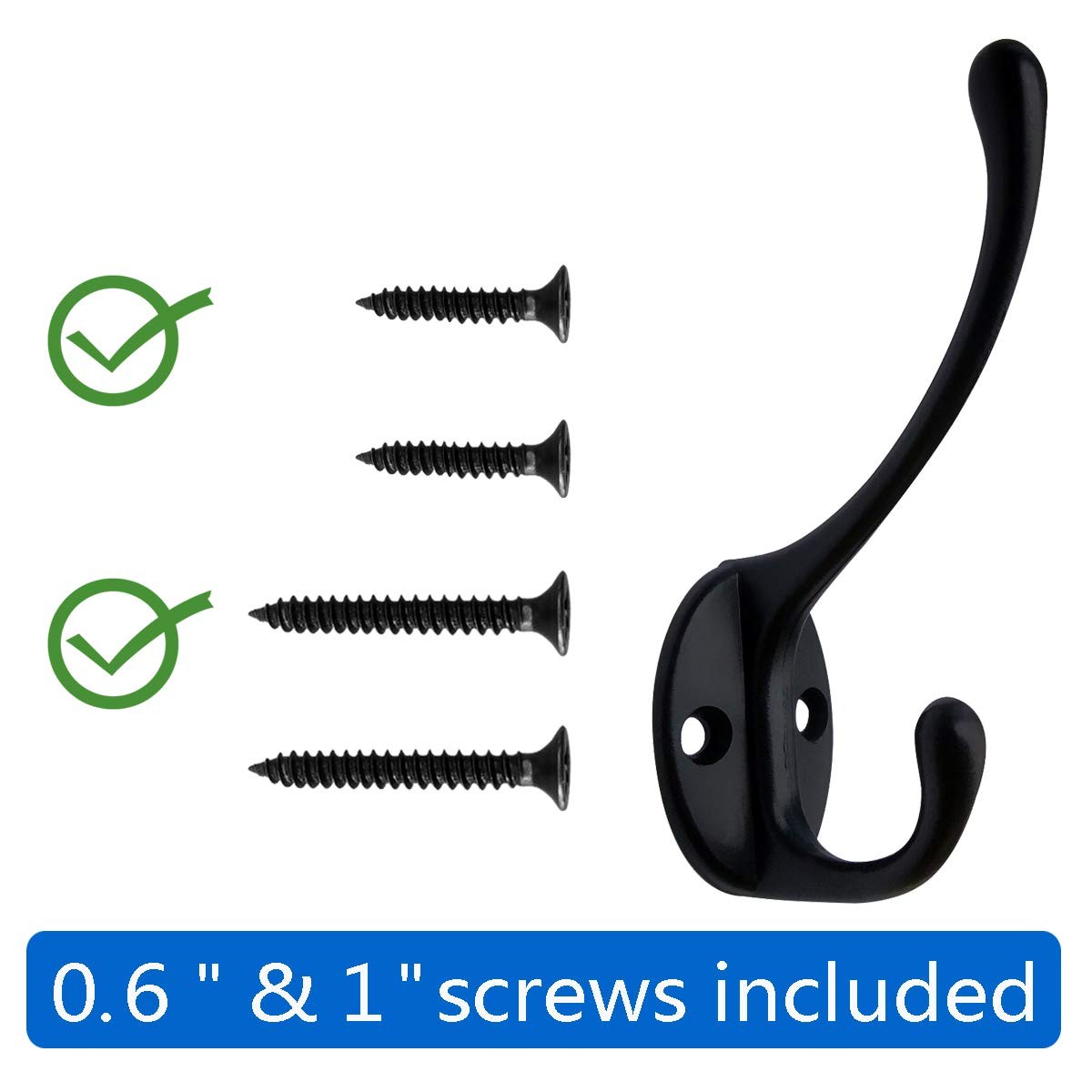 10 Pack Black Double Coat Hooks No Rust Hooks for Coat, Scarf, Bag