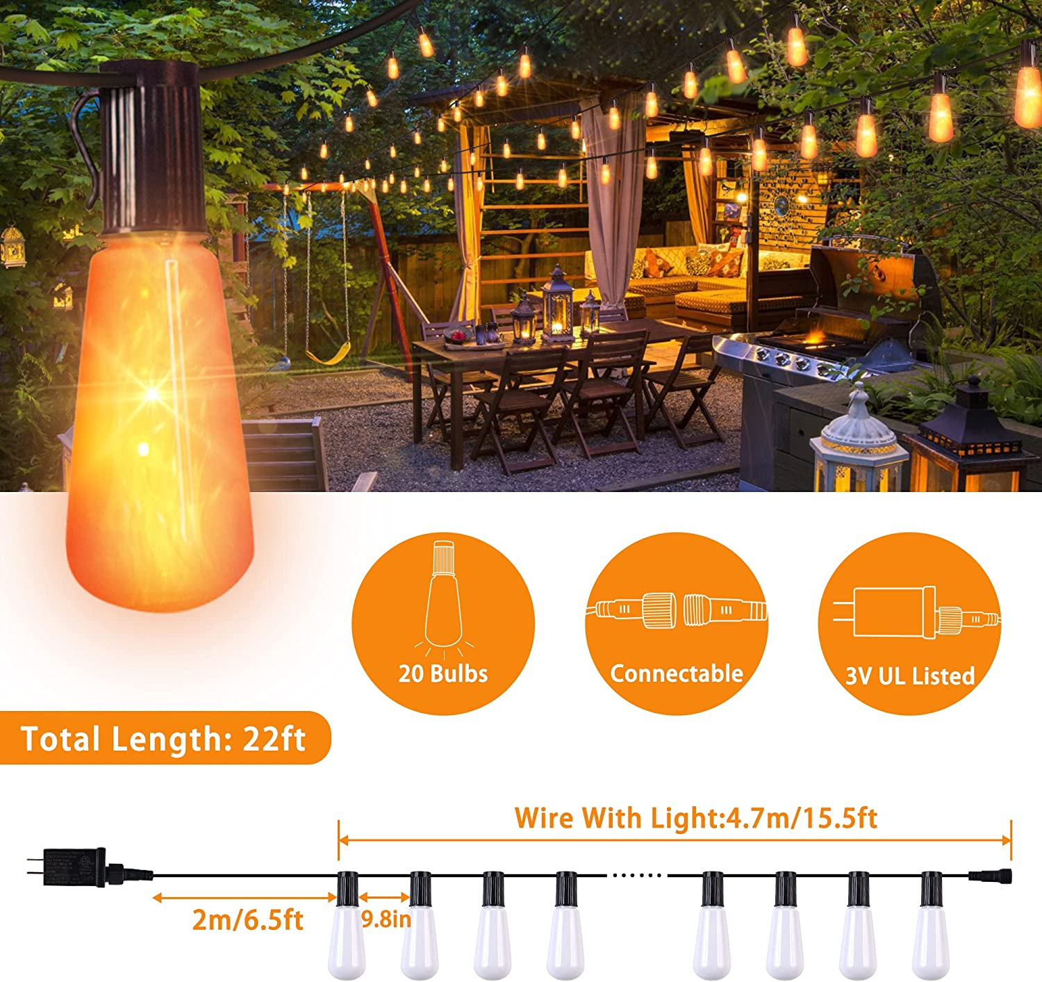 Mimigogo Flickering Flame String Lights22ft 20led String Lights For Outsideplug