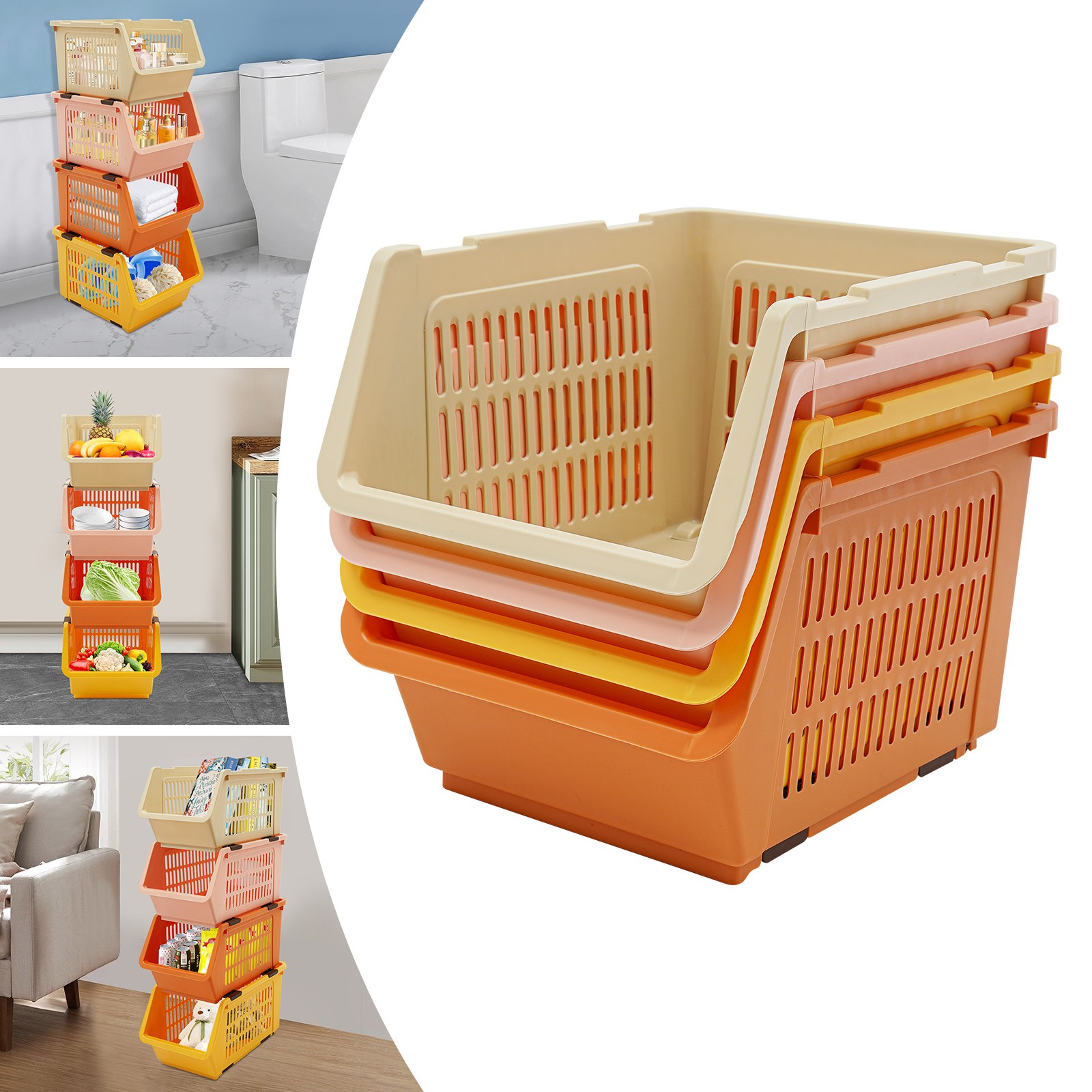 Stackable Plastic Bins - 4pc Large Plastic Organizer Box Cabinets Storage Bins