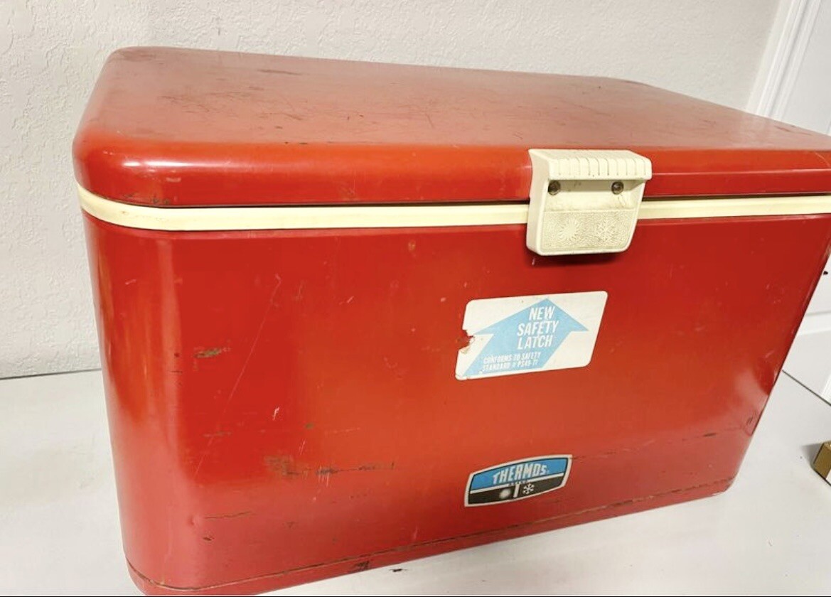 Vintage thermos metal cooler ice chest camping red bottle opener