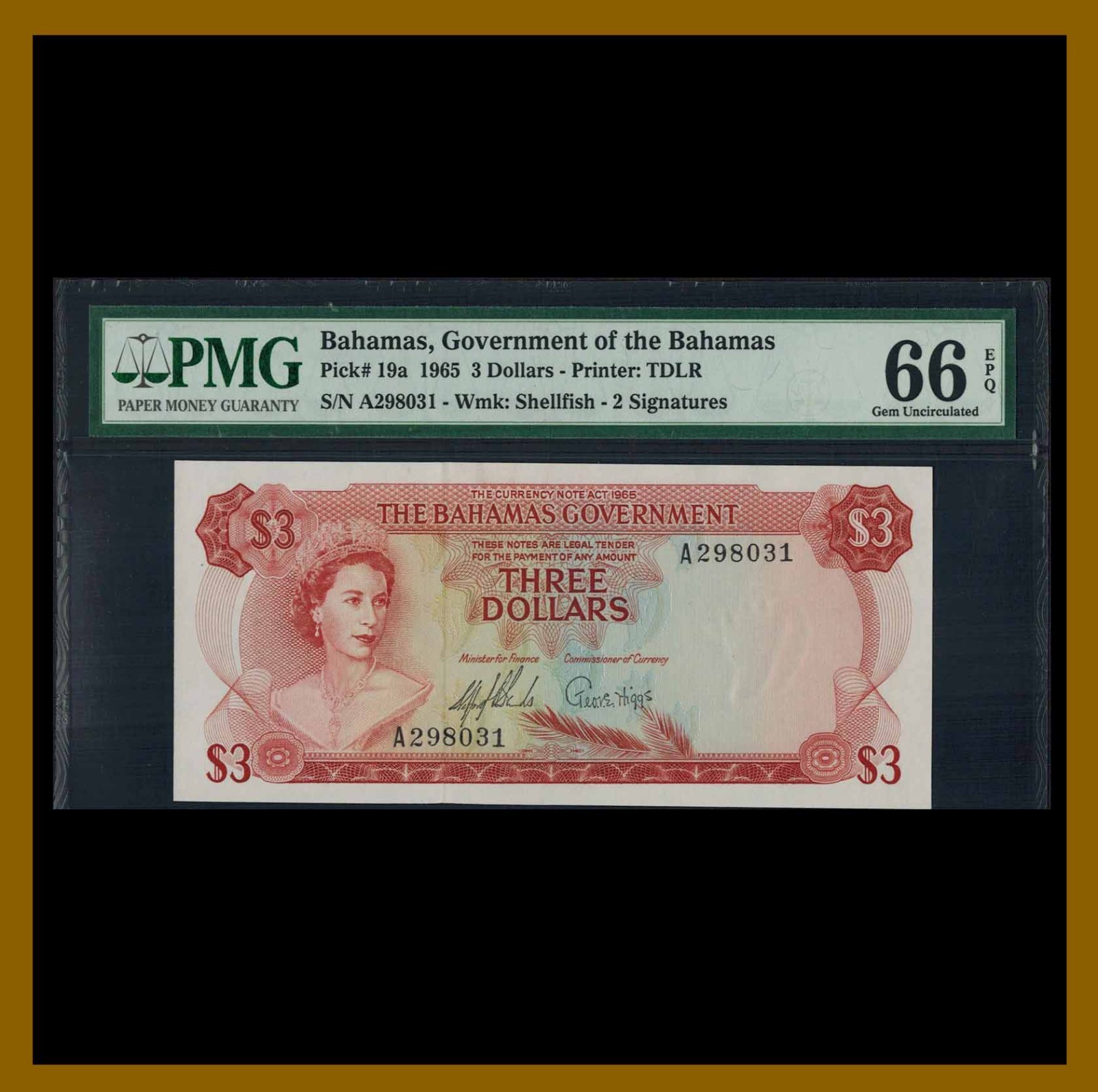Bahamas 3 Dollar, 1965 P-19a PMG 66 EPQ Unc