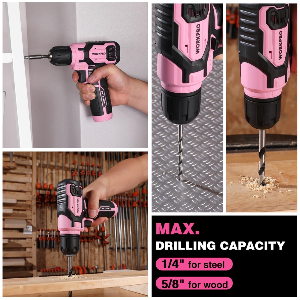 WORKPRO Pink Cordless Drill Driver Set 3/8 Keyless Chuck 53pc Bit Electric Drill