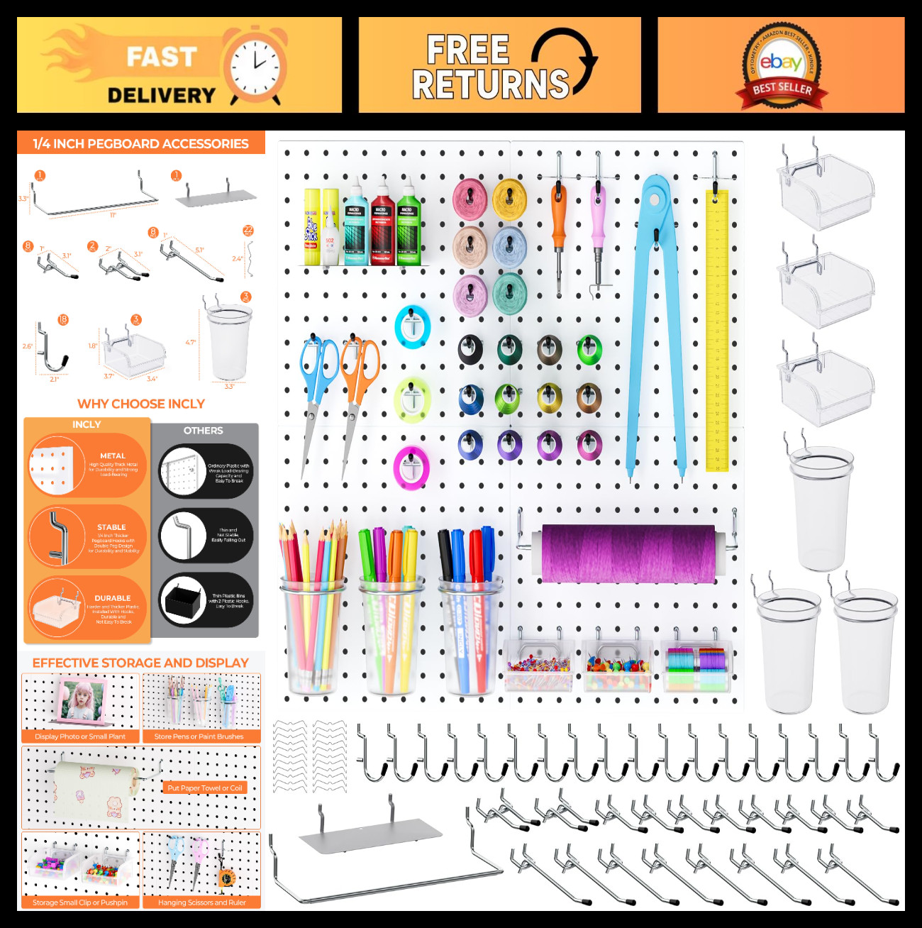 70PCS Metal Pegboard Kit - 4 White Panels, Hooks, Bins, Cups & Organizer for Cra