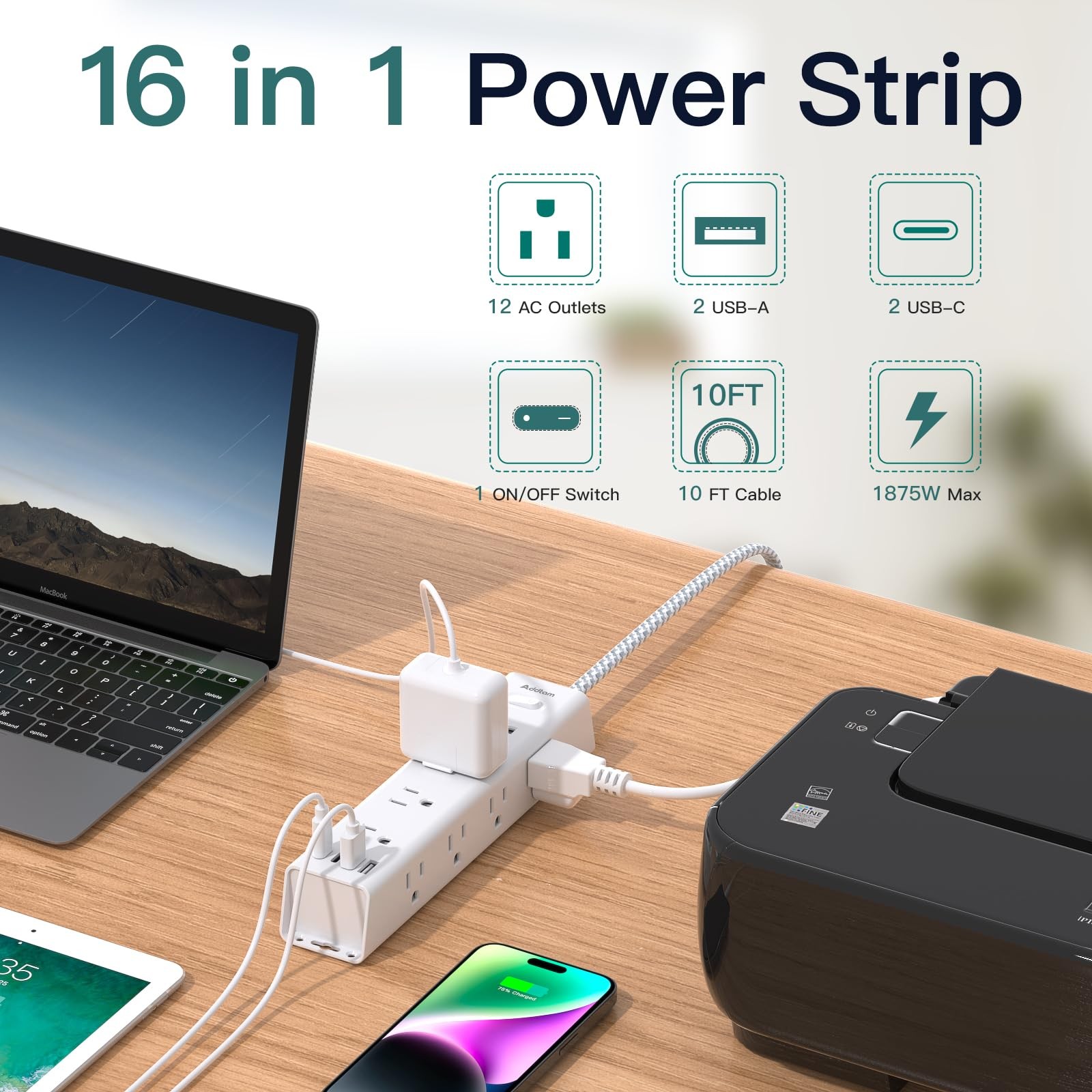Surge Protector Power Strip - 10 FT Extension Cord, 10FT, White