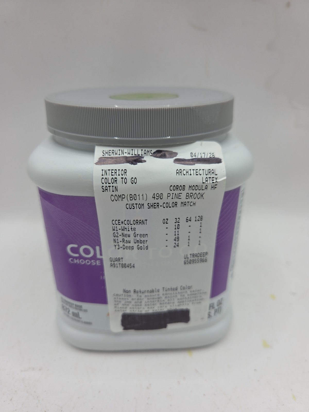 1 Qt Sherwin Williams Colors To Go Satin Color Pine Brook Interior/Exterior