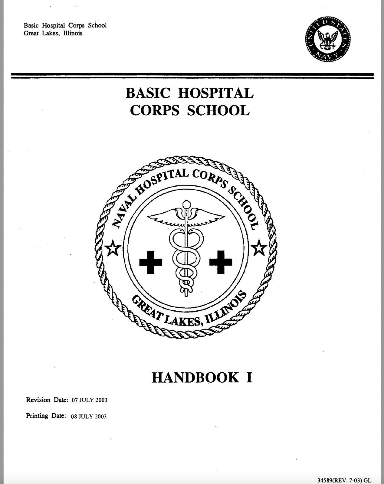 796 Page Navy Basic Hospital Corps School Corpsman Student Handbook I-III  on CD