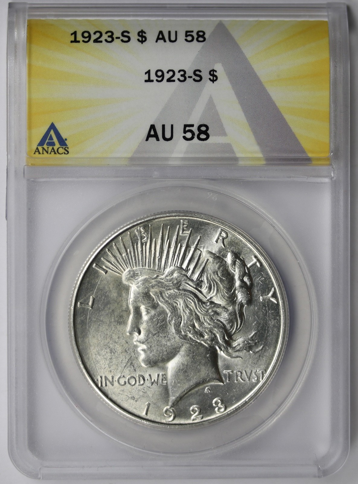 1923-S Peace Silver Dollar AU 58 ANACS