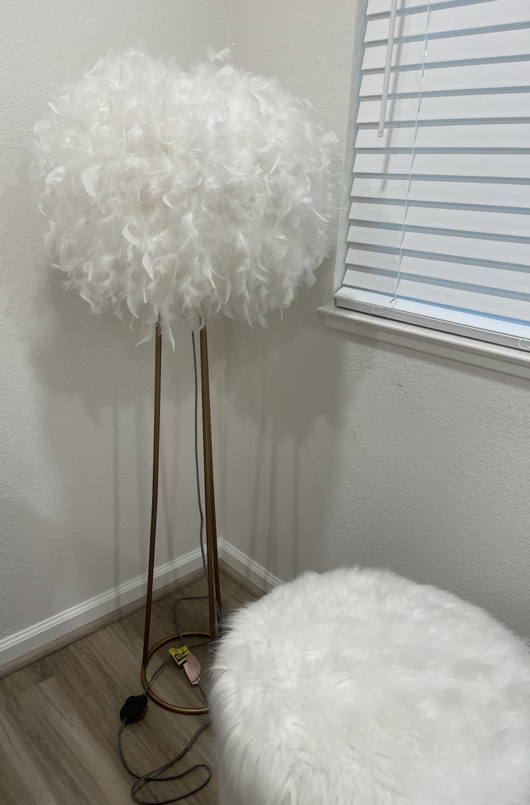 White Faux Fur Round Ottoman with Gold Metal Legs Modern Living Room