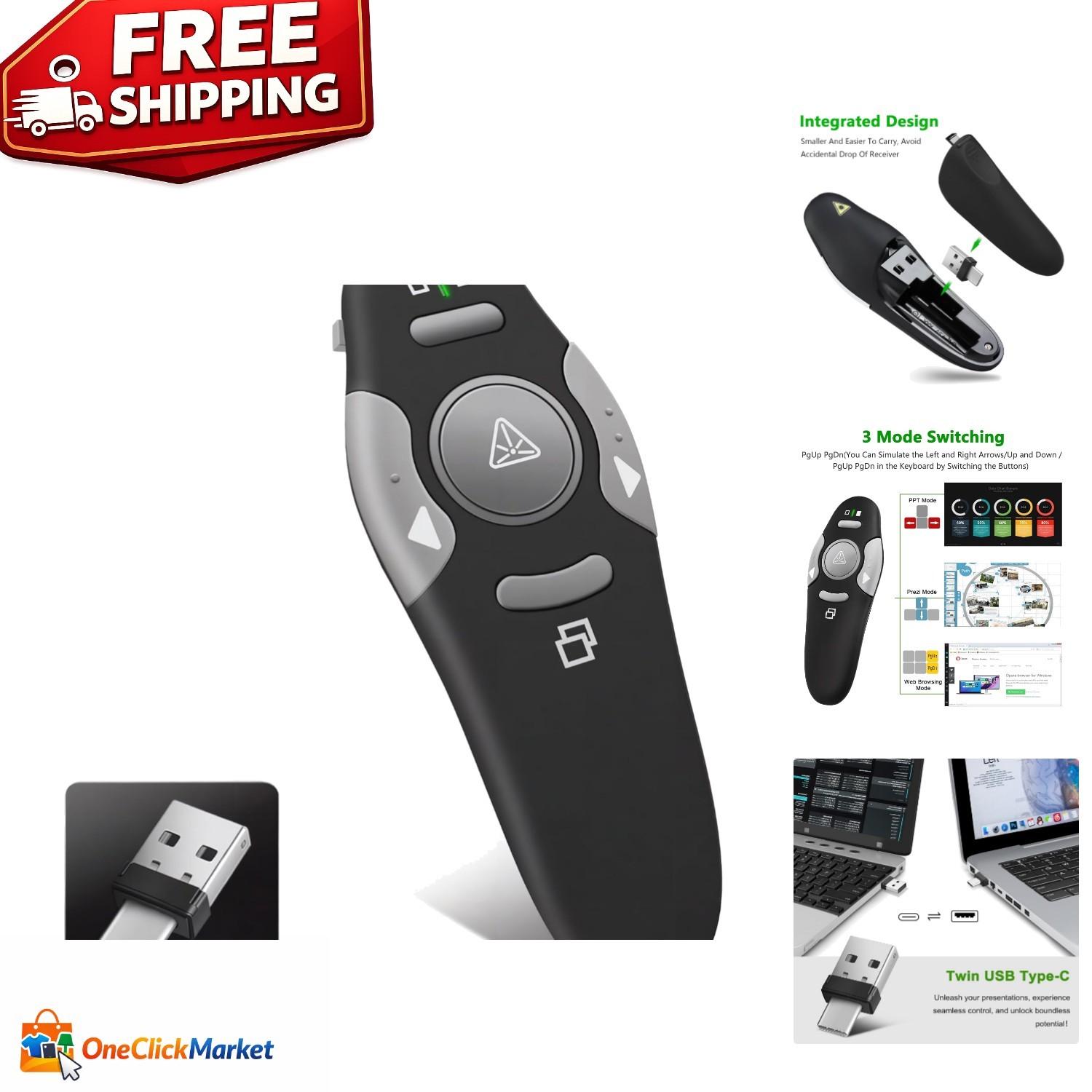 Ergonomic 2-in-1 USB & Type C Wireless Presenter - 100m Range, PowerPoint Ready