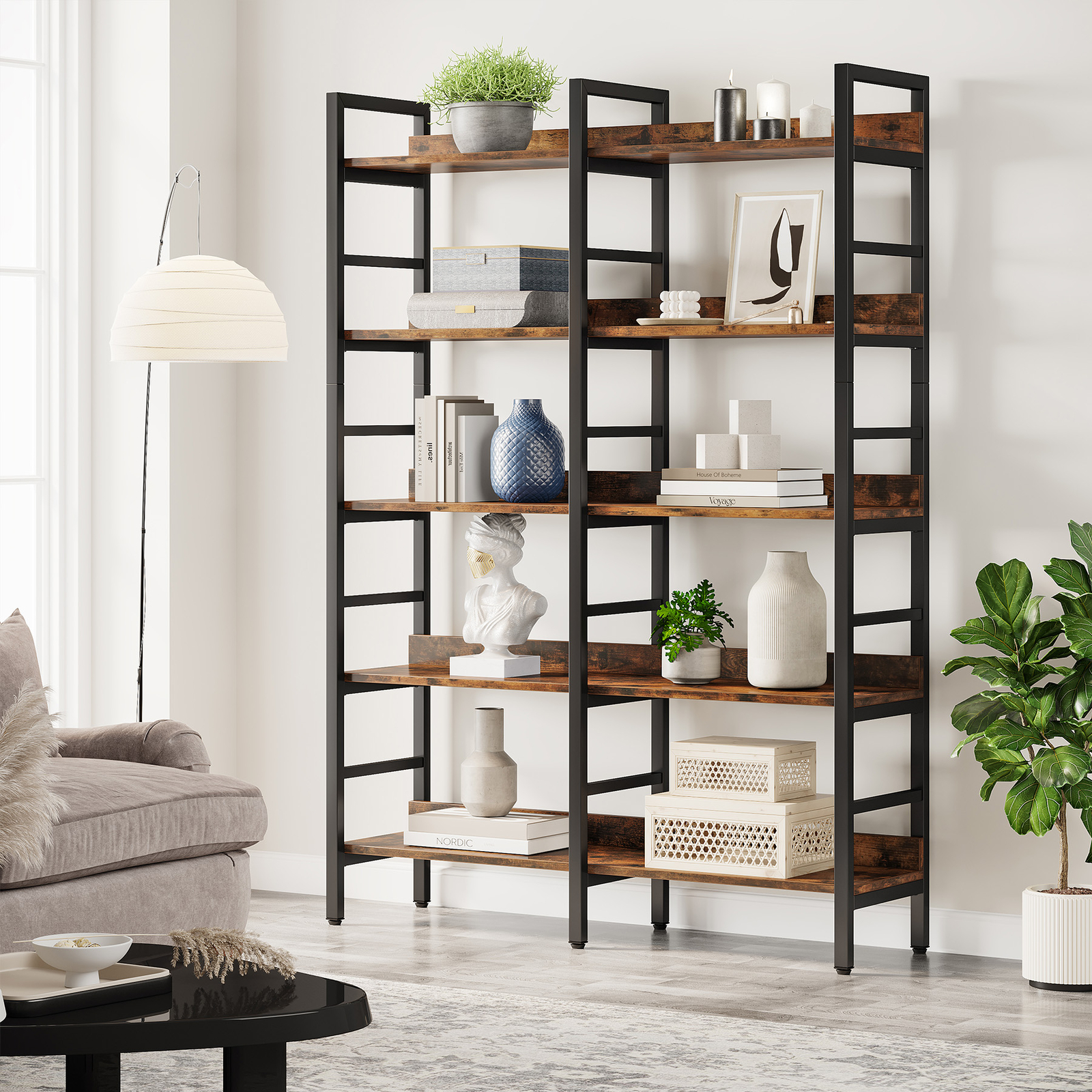 Tribesigns 5-Tier Industrial Bookshelf Etagere Freestanding Double Wide Bookcase