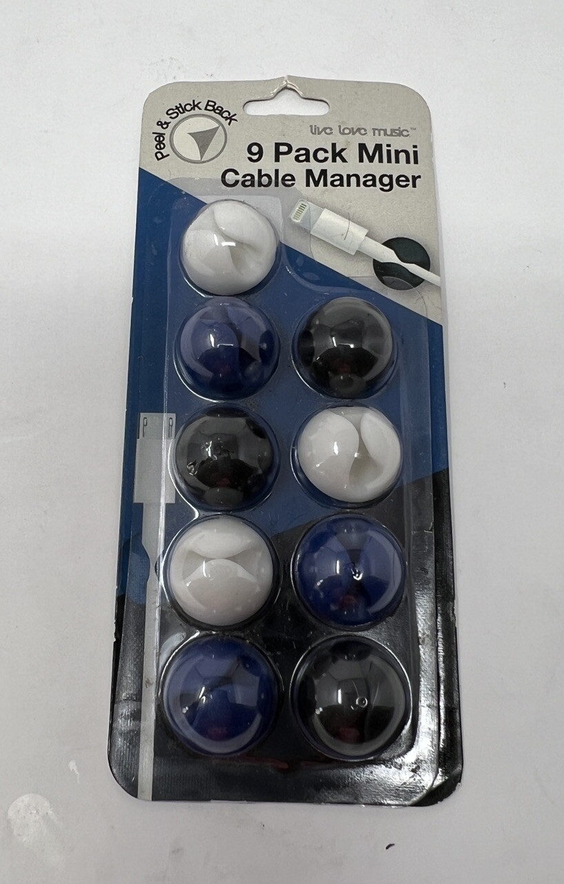 Live, Love, Music Stick-On Cable Dots Mini Cord Manager Black & Blue White 9-pc