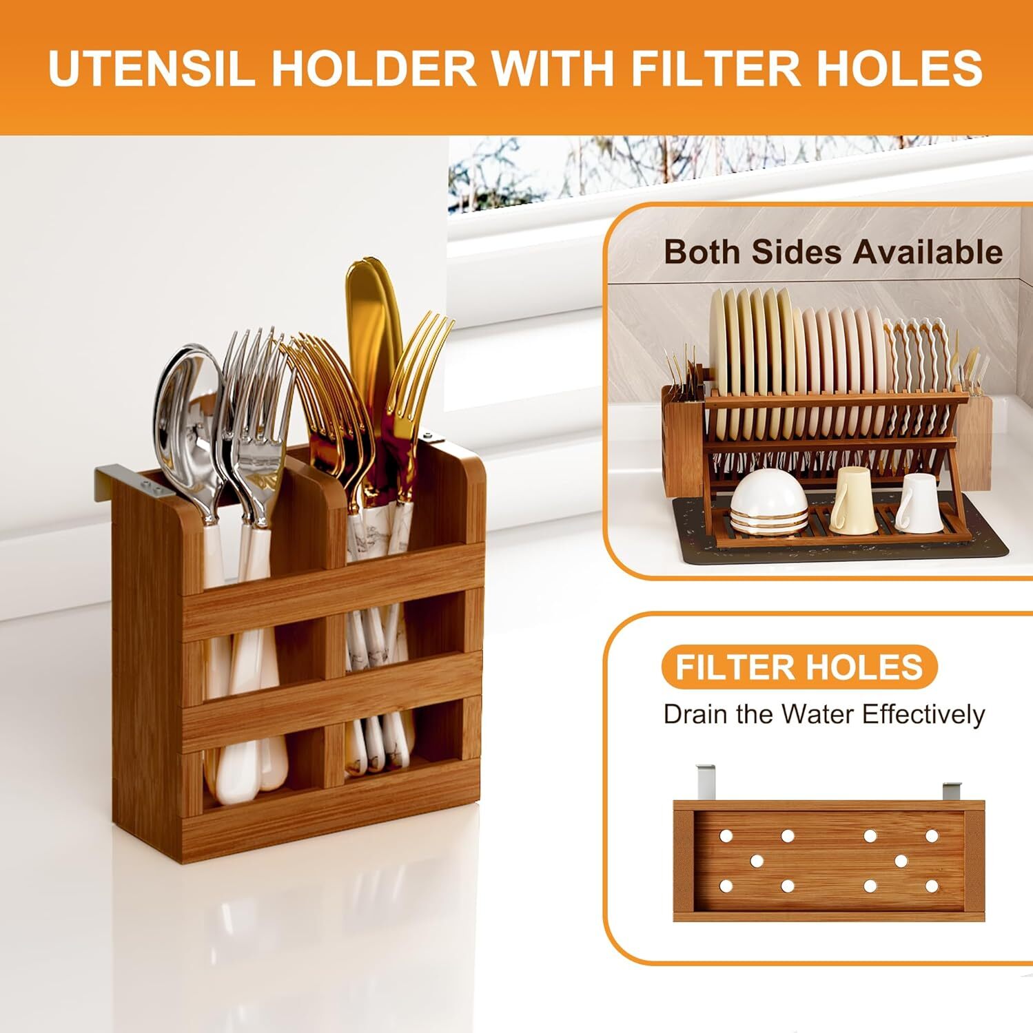 Bamboo Dish Drying Rack with Utensil Holder, 3 Tier Foldable Dish Rack.