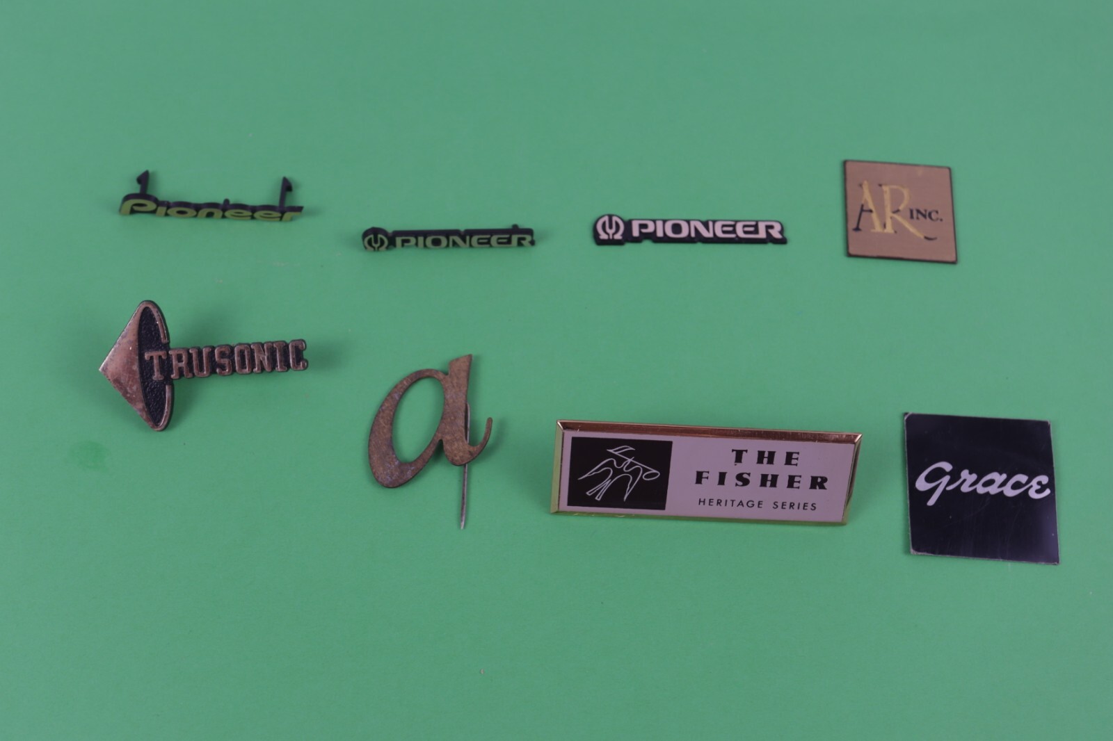 Assorted Lot of Hi-Fi  Logo Badges Emblems==Trusonic, AR, Grace, Pioneer, Fisher
