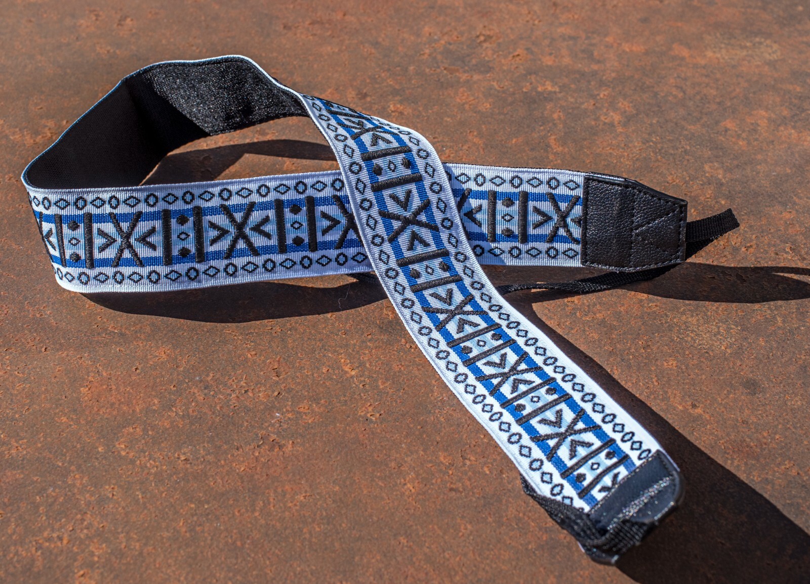 Stunning White, Blue, and Black Geometric Pattern Hippie-inspired Camera Strap