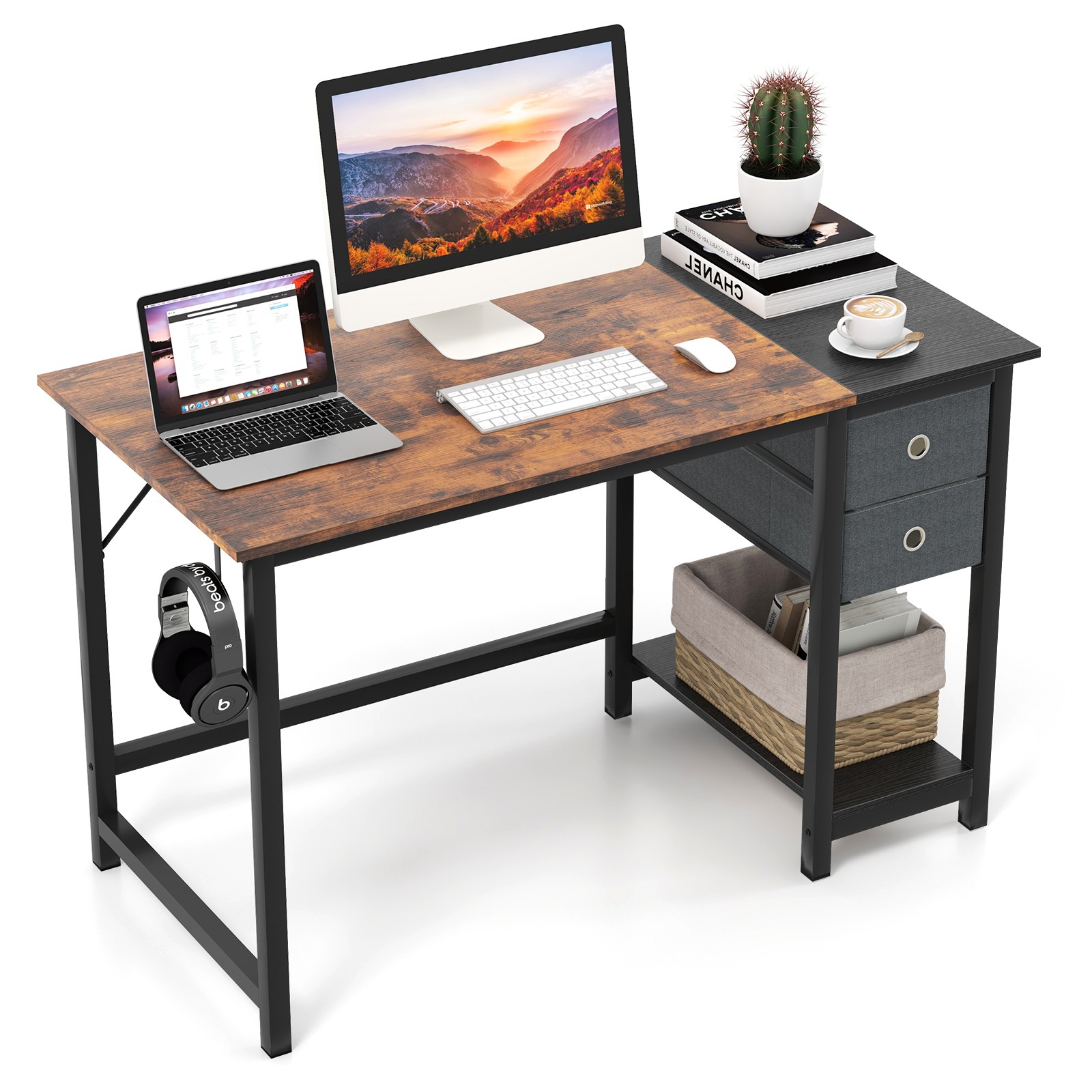 48-Inch Home Office Desk Computer Workstation w/2 Drawers Rustic Brown & Black