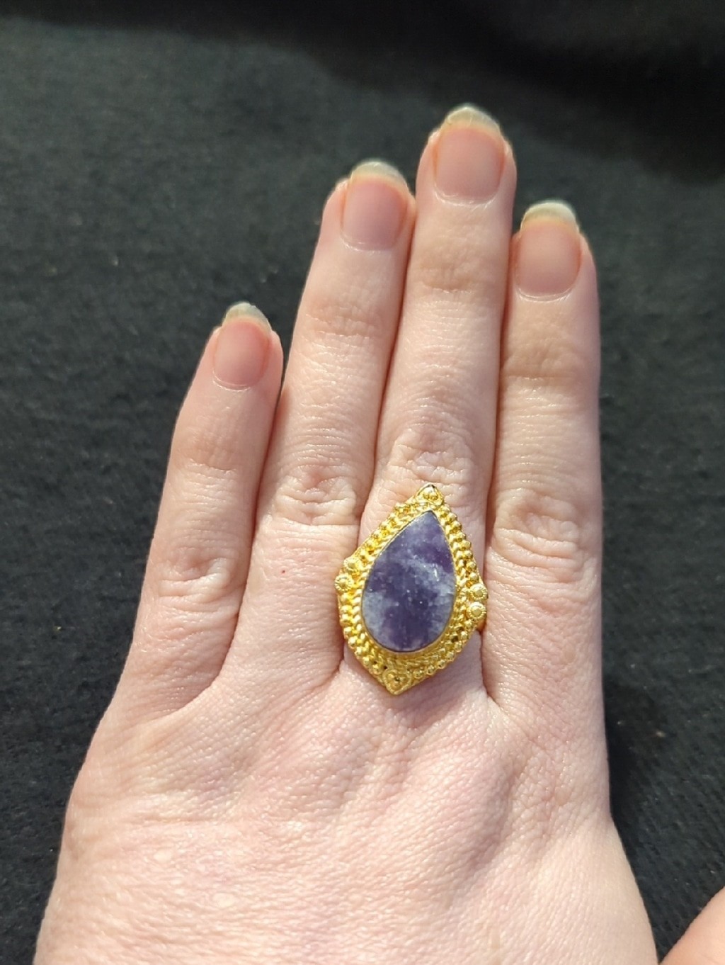 Gold Plated Purple Amethyst Gemstone Teardrop Statement Ring - Size 9