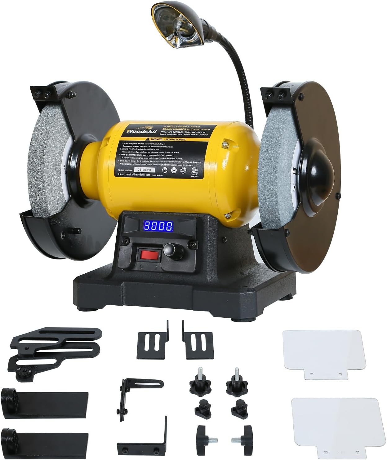 Woodskil Digital Display 3/4HP 8 In Variable Speed Bench Grinder with Work Light