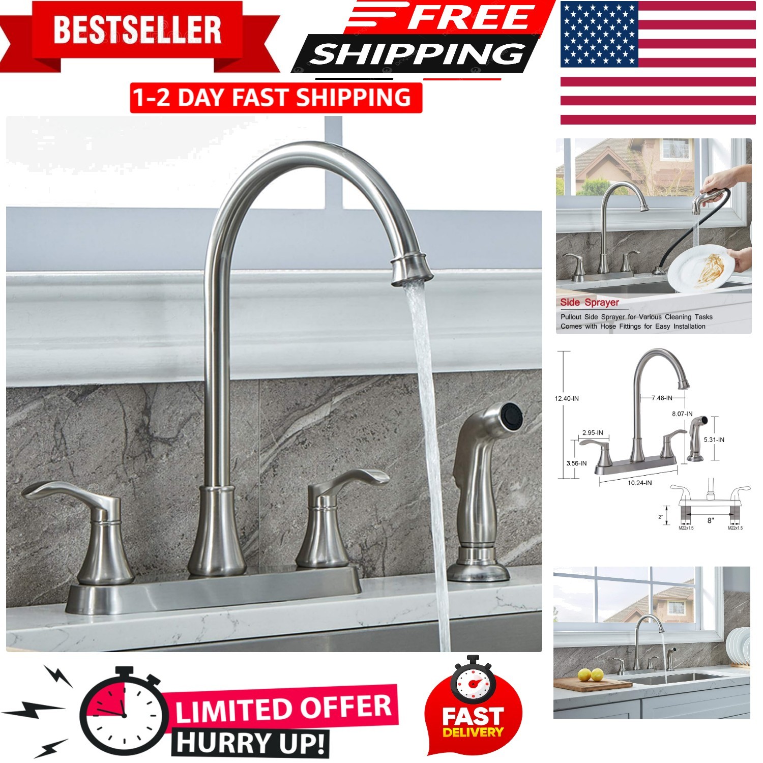 3 Hole or 4 Hole Two Handle Kitchen Faucet with Side Sprayer, Commercial Lead-Fr