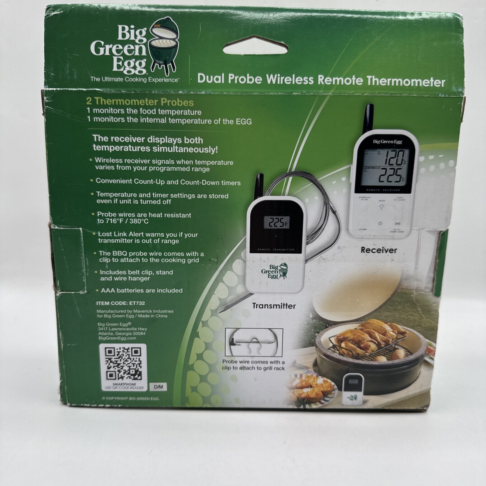 Big Green Egg Dual Probe Remote Wireless Thermometer ET-732 Transmitter Receiver