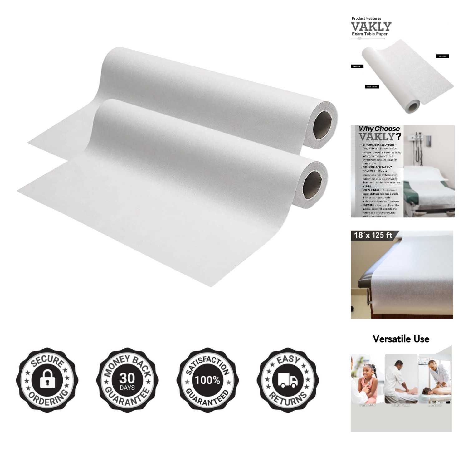 Strong and Absorbent 18''x125’ Disposable Medical Exam Paper Roll 2-Pack