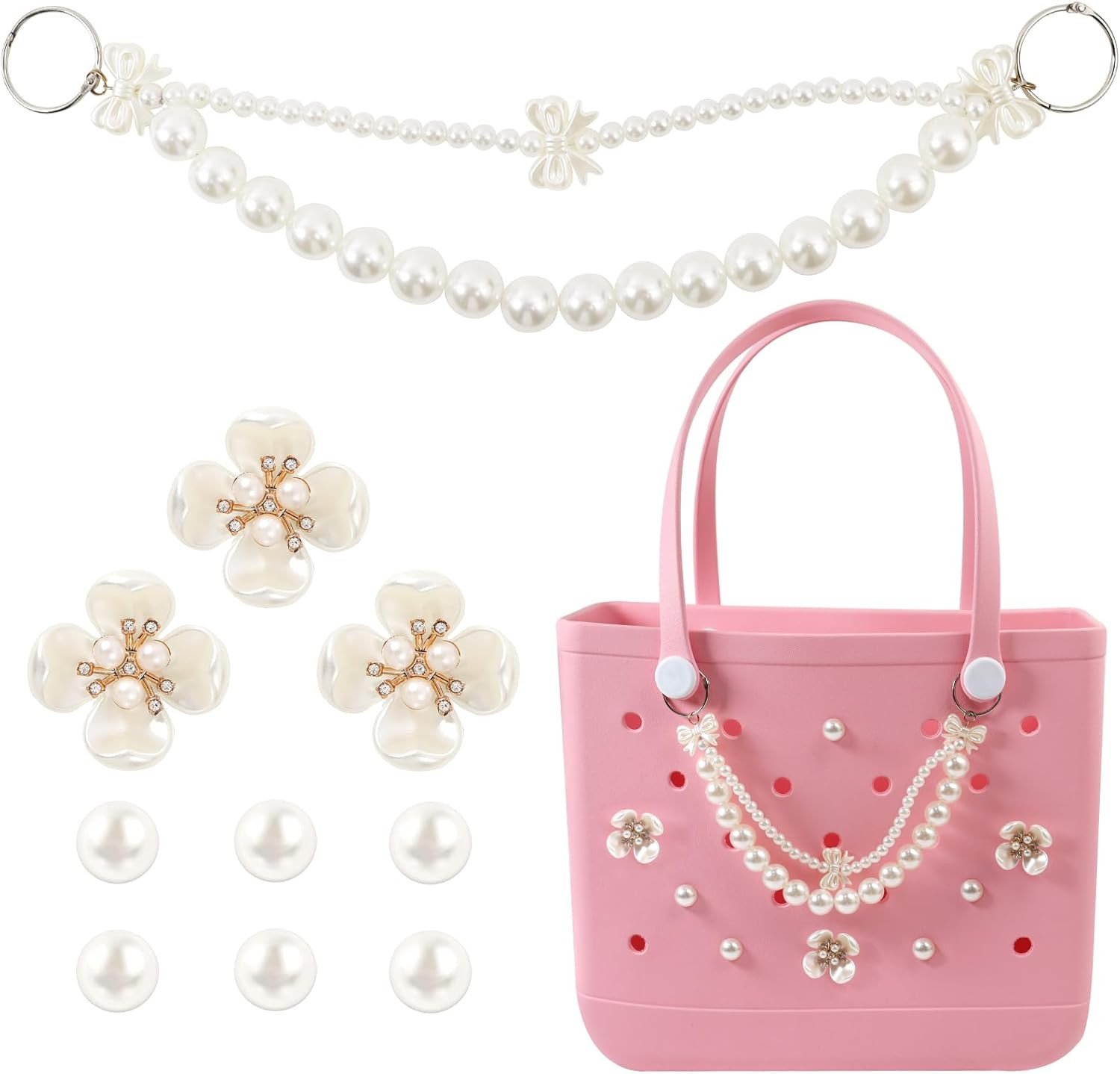 Charms for Bogg Bag Flowers Pearl Chain for Bogg Bag Accessories Charms Compatib
