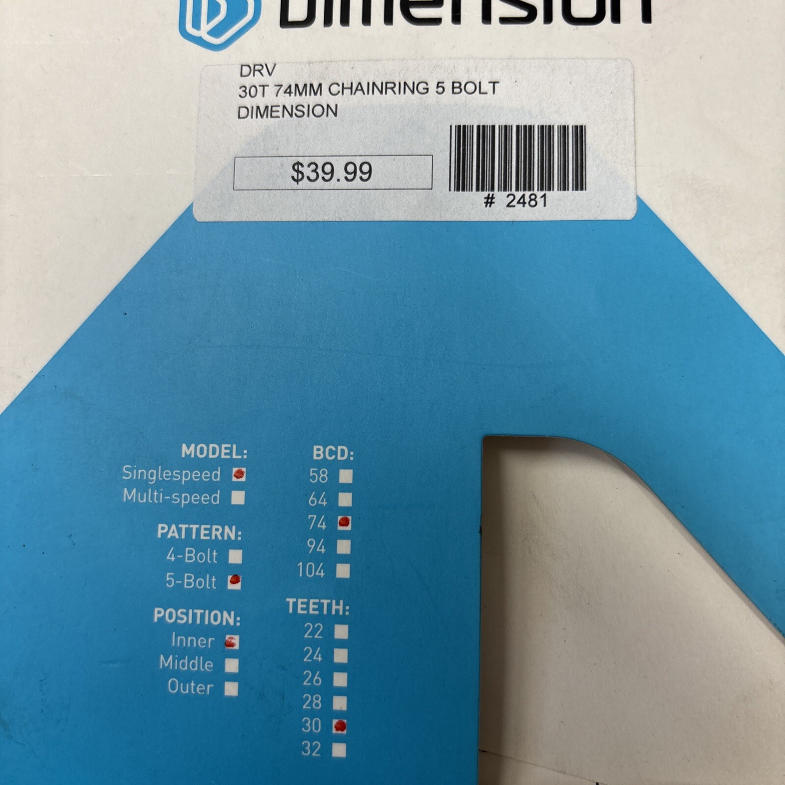 Dimension Chainring 30 Tooth 74 BCD NOS 30T Alloy Black Singlespeed