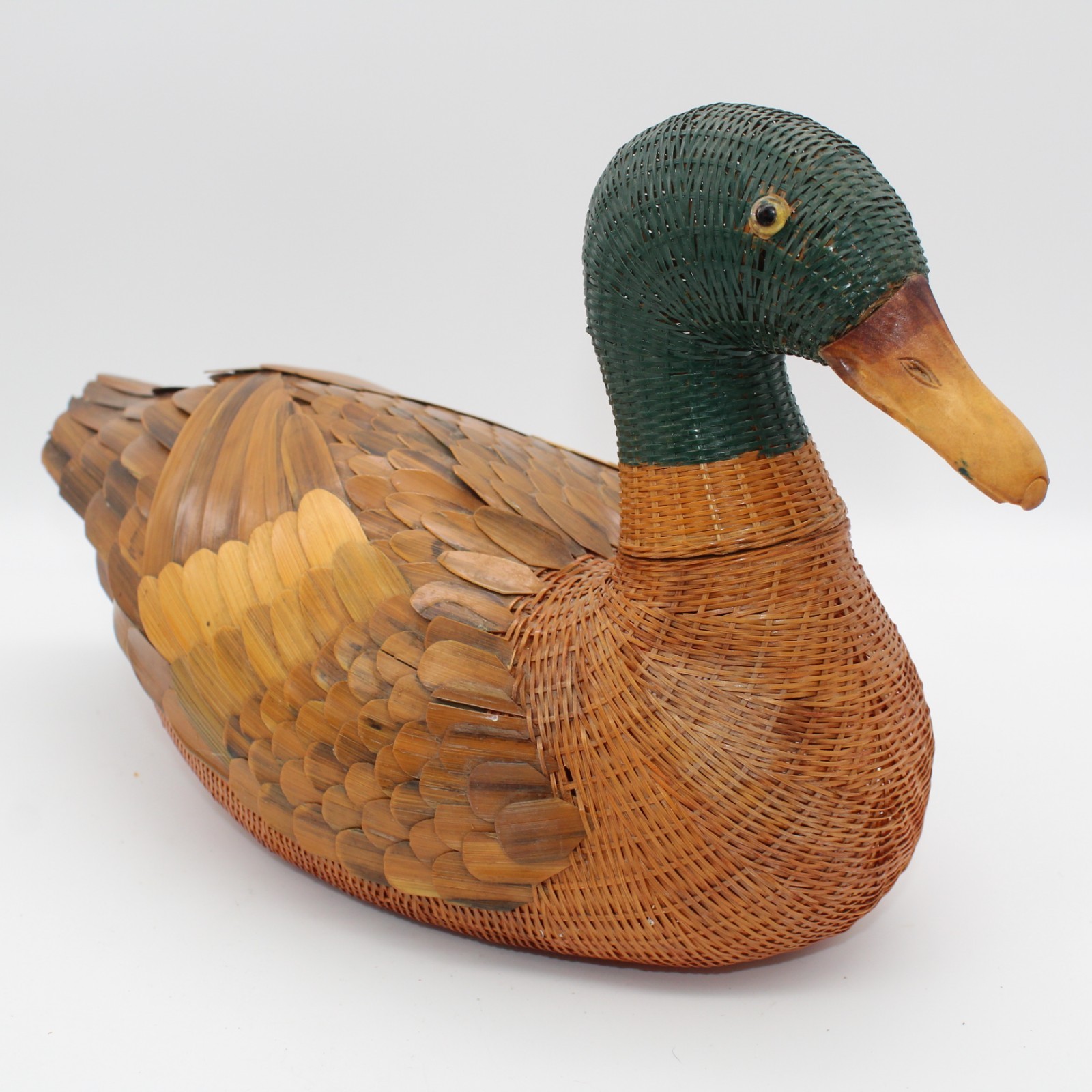 Vtg Mallard Duck Wicker & Bamboo Basket Hidden Secret Storage Cabin Cottagecore