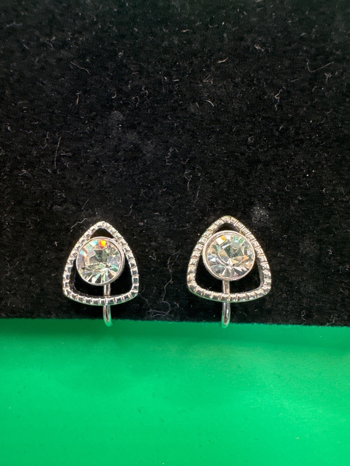 Silver Clip-On Earrings With Clear Crystals & Triangular Design