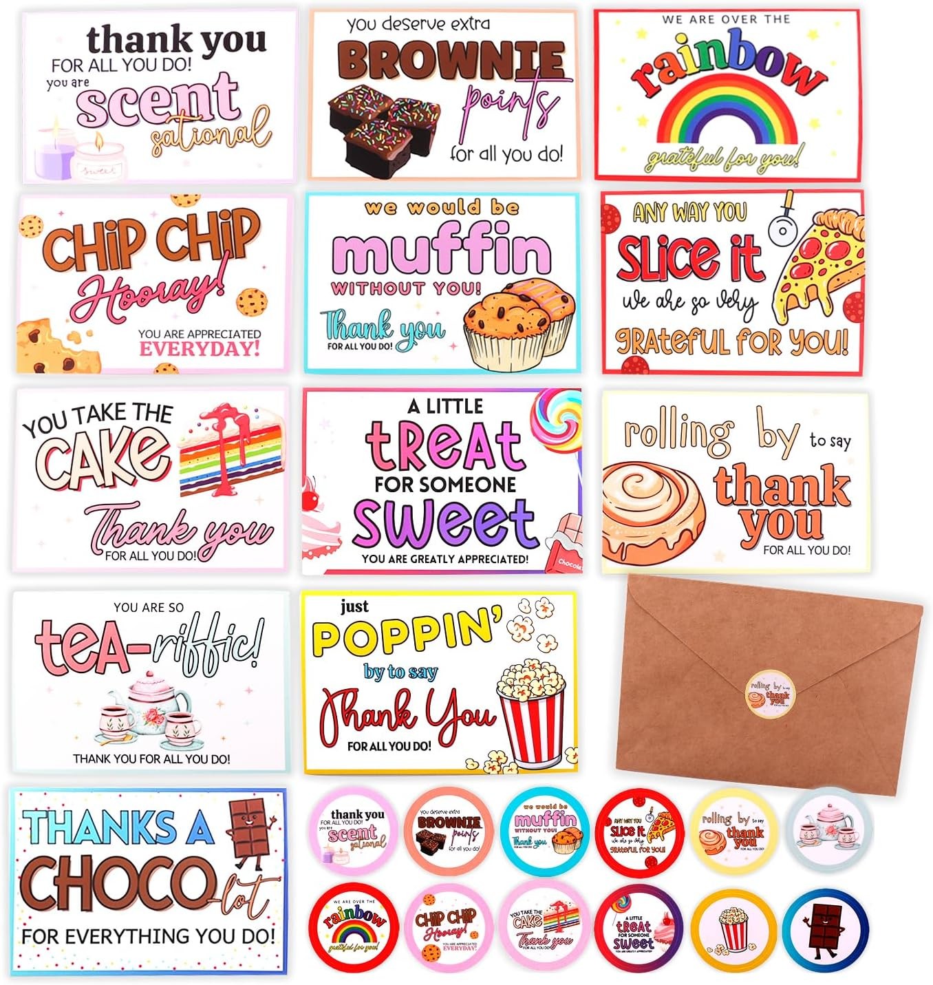 Funny Thank You Cards Set with Envelopes & Stickers – 4x6, Blank Inside
