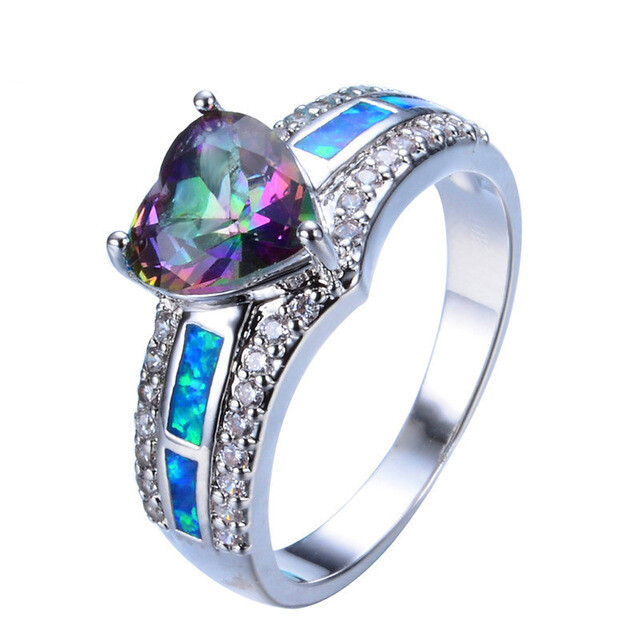 ARSKRO Hawaiian Blue Opal Heart Shaped Rings Sliver Opal Rings For Women Girls