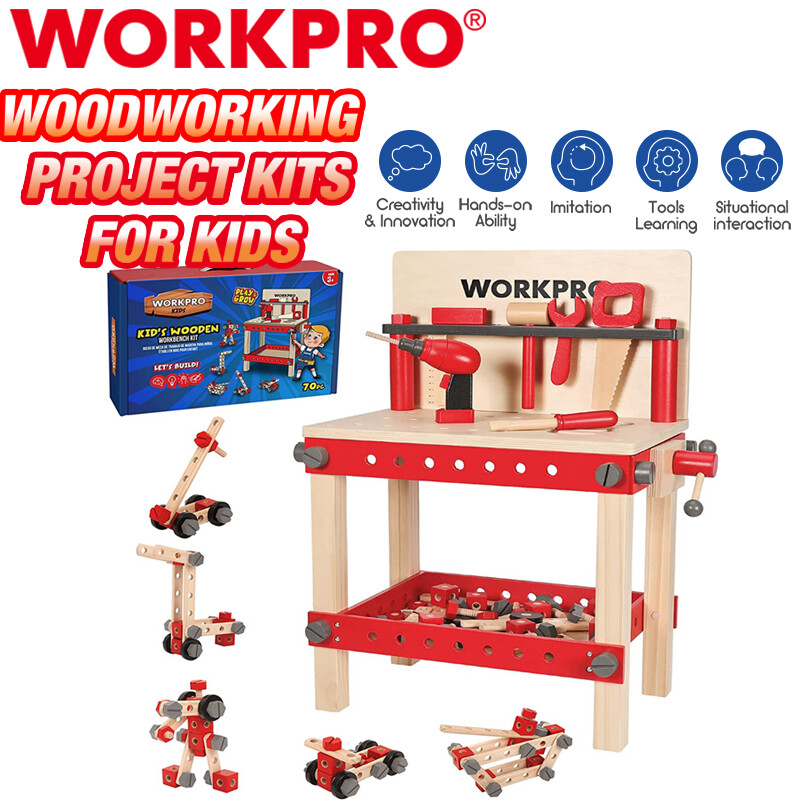WORKPRO Wooden Workbench Kit 70PC Kid Tool Bench Building Toy Set for Toddler 3+