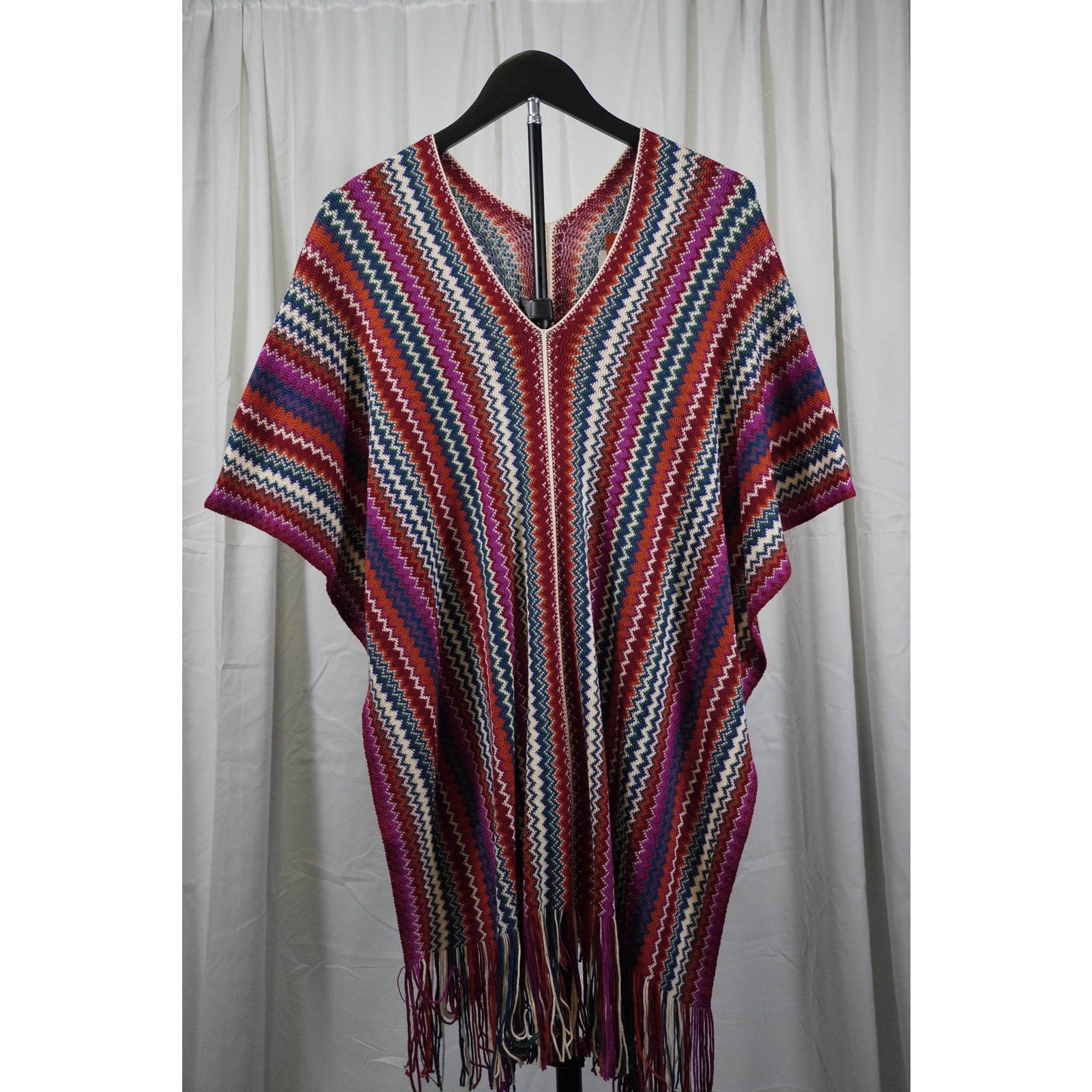 Missoni Zigzag Knit Poncho Cape Multicolor Fringe Wool Blend NWT $430 Italy